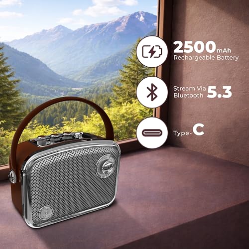 Image of iGear Classic Retro Bluetooth Speaker with Wireless Mic | 50W Powerful Sound, 2500mAh Battery, Bluetooth 5.3, MP3 Player, AUX | Portable Karaoke Speaker for Home, Parties (Brown)