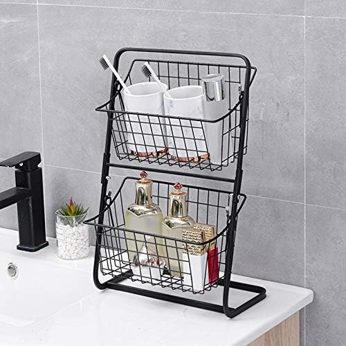2-Tier Metal Fruit Basket Stand for Kitchen, VASZOLA Mini Countertop Multipurpose Storage Rack Hanging Basket Organizer for Vegetables, Household Items, Toiletries (Black)