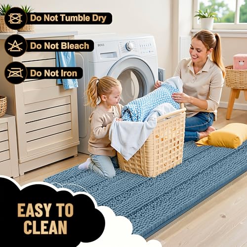 Image of OLANLY Thick Bathroom Runner Rugs 47x20, Extra Absorbent Chenille Striped Bath Rugs, Rubber Backing, Machine Wash Dry, Long Bath Mats for Bathroom, Tub and Shower, Home Decor Accessories, Airy Blue