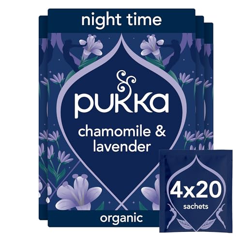 Pukka Herbs, Night Time Organic Herbal Sleep Tea Box, Chamomile, Lavender, Oat Flower, & Limeflower, Natural For Bedtime Relaxation, Caffeine Free, 4 Packs, 80 Plant Based Biodegradable Tea Bags