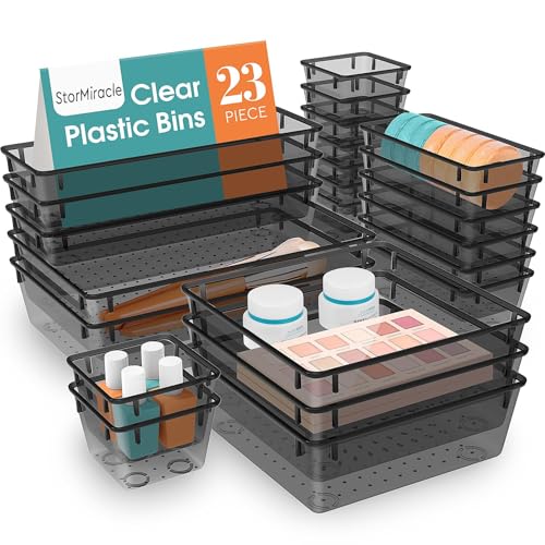 Image of 23 PCS Drawer Organizer Set, 5 Size Bathroom and kitchen organizer Trays | Bathroom and kitchen Drawer cabinet organizer Trays, Clear Storage Bins for Makeup, Jewelry, Utensils and Gadgets