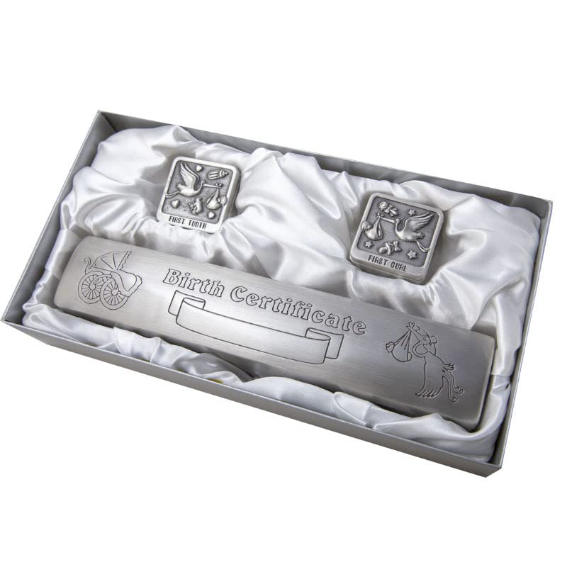 Engravable Birth Certificate Holder and 1st Curl & 1st Tooth Baby Gift Set