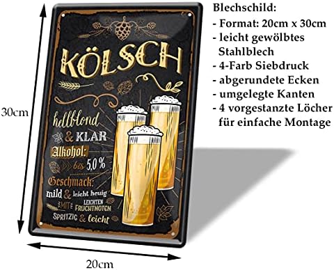 Kölsch Blechschild - Retro Deko Metallschild für Bar und Partyraum - Bier Geschenke für Männer - 20x30cm  
Kölsch Blechs