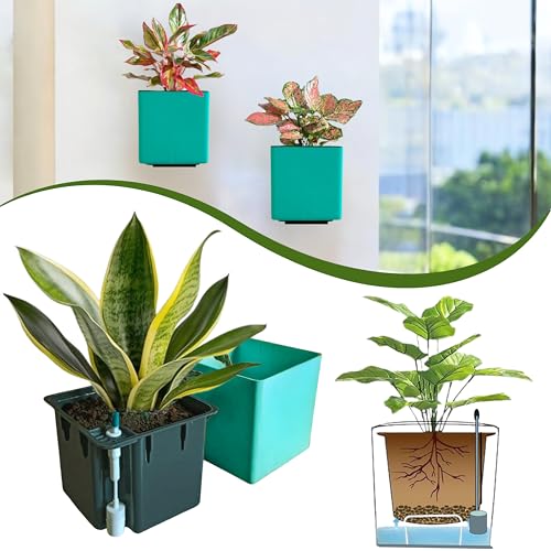 Image of Indian Discovery Self Watering Wall Hanging Planter|Hanging /Hooked Flower Pots for Home, Balcony, Garden Decor Flower Pots(2 PC, Peacock Green, Square) |6 Inch UV-Resistant Plastic Plant Pots