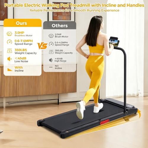 Image of Walking Pad Treadmill with Handle Bar and Incline for Home Small | Portable Walking Pad Treadmill with Handles and Incline, 3.0HP Electric Under Desk Treadmills for Home, 0.6-7.6MPH, 350LBS