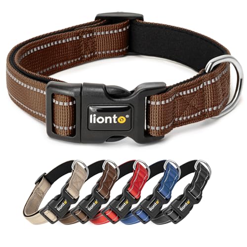 lionto Collare per cani imbottito in nylon riflettente impermeabile regolabile, taglia L, marrone