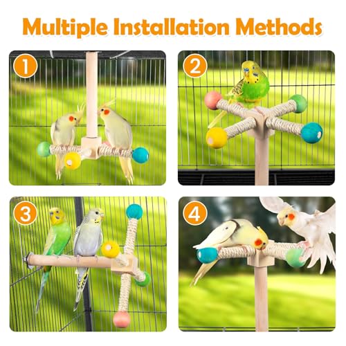 Image of FrgKbTm Rotating Bird Perches Toy, Interactive Spinning Parrot Parakeet Toys, Wooden Exercise Stand Bird Cage Accessories for Budgies,Cockatiels,Small Birds
