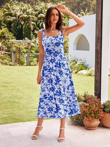 Image of Sureple Midi Dresses for Women 2026 Spring Square Neck Tank Sleeveless A Line Casual Summer Sundresses with Pockets