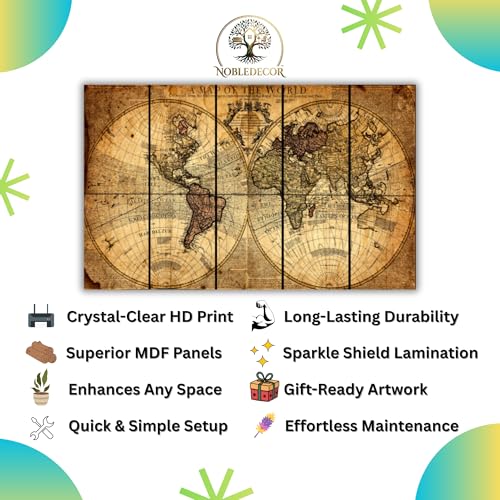 Image of NobleDecor Vintage World Map Wall Art, 5 Panel Canvas Print, Antique Globe Design, Rustic Home Decor (36x60)