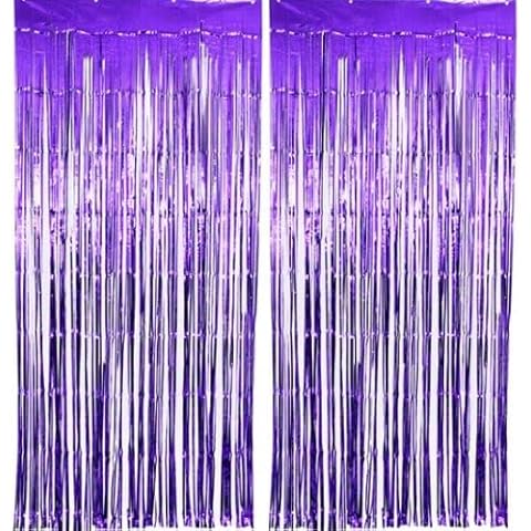 Inflate Decorate Metallic Tinsel Curtains 2 Packs 3ft x 10ft, Foil Fringe Curtains for Photo Backdrop Door Wall Hanging Window Curtain Party Office Decoration (Purple) Cover