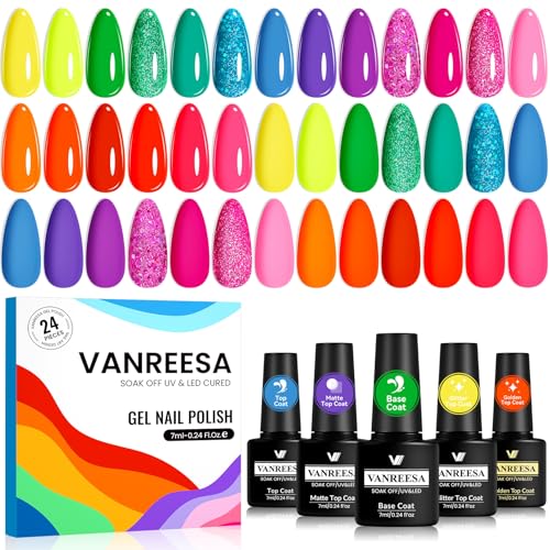VANREESA 24 Pcs Neon Gel Nail Polish Set -Bright Summer Colors Gel Polish with Base Coat & 4 Effects of Top Coat Bright Yellow Orange Pink Red Green Blue Purple Gel Polish Set Nail Kit Gifts for Women