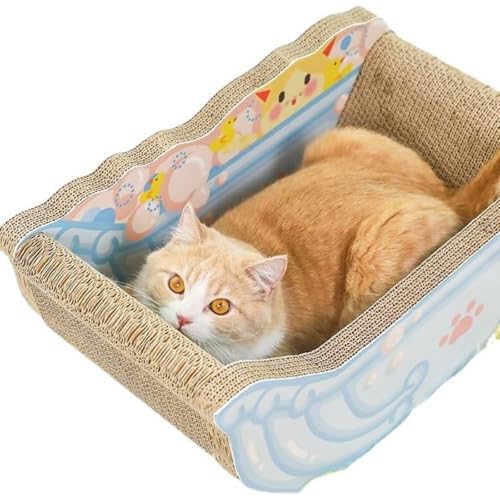 Oanawy キャットスクラッチングボード 爪とぎ かわいいバスタブ型 家具の傷防止 お手入れ簡単 ストレス解消 高密度ダンボール製 キャットベッド 2 in 1 (ピンク,50*30*26cm)