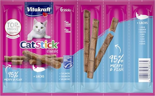 Vitakraft Cat Stick Classic, Katzen Leckerli, fleischiger Stick, mit Lachs, Vorratsgröße, ohne Zusatz von Zucker (10x 36g)
