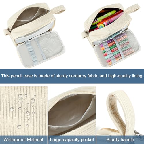 Image of Bluboon Large Capacity Pencil Case Pencil Pouch Pen Case School Supplies Cute Corduroy Pencil Box Pencil Bag for Teen Girls Boys Women Mens Makeup Bag (Beige A)