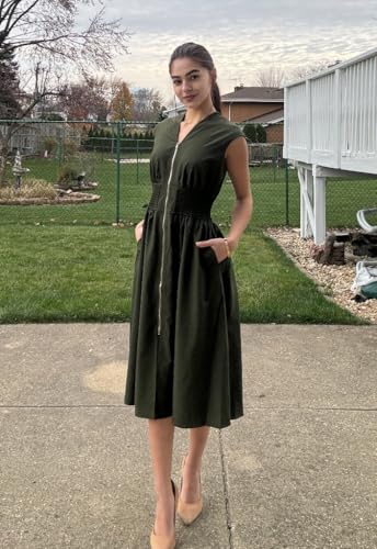 Image of GRACE KARIN Womens Summer Casual Dress, Business Office Work Dresses, Cap Sleeve Zipper Front Flowy Midi Dress with Pockets