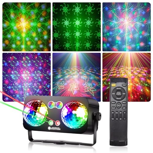Tomshine 6 in 1 Lampada Festa Doppia Disco Ball – Luce DJ/Scenica Attivata dal Suono, 64 Motivi HD, UV, Strobo, Timer e Telecomando per Compleanno, Matrimonio & Decorazione