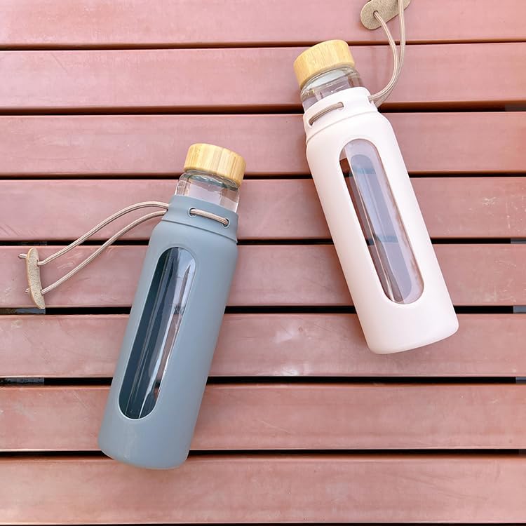 Borosilicate Glass Drinking Bottle with Bamboo Lid and Silicone Sleeve, 22 oz Reusable Water Bottle with Carry Cord for Travel, Leak Proof, BPA-Free (Storm Gray) - Image 5