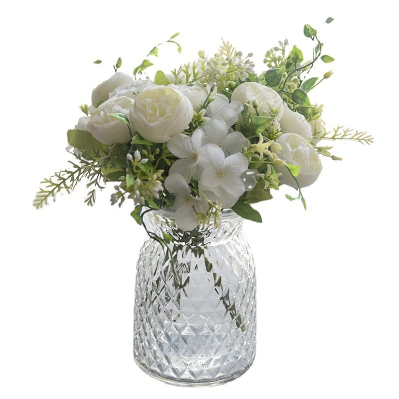 4Pieces/lot Artificial Plant Silk Plastic Camellia Rose Fake Flowers Leaves Stems Branches Floral Bouquets Wreath Arrangement Home Table Garden Wedding Decoration (Ivory)