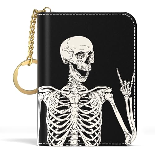 Image of Aiawoxc Credit Card Holder, Small RFID Wallet Slim Leather Card Organizer Case with Zipper and Keychain, Skeleton
