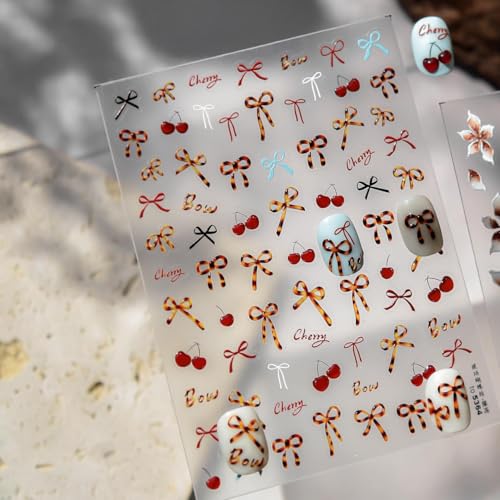 Image of Bow Nail Stickers Cherry Nail Decals for Nails Art with Leopard Print Design Bowknot Nail Art Stickers 5D Embossed Self Adhesive Nails Art Decals for Women Girls Manicure DIY Decoration Accessories