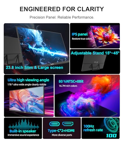 Image of LB M24 23.8 Inch Portable Monitor 100Hz 1080P FHD IPS Computer Display with USB-C, HDMI, VESA Mountable, Built-in Stand Desktop Screen with Speaker for PC Laptop Mac PC