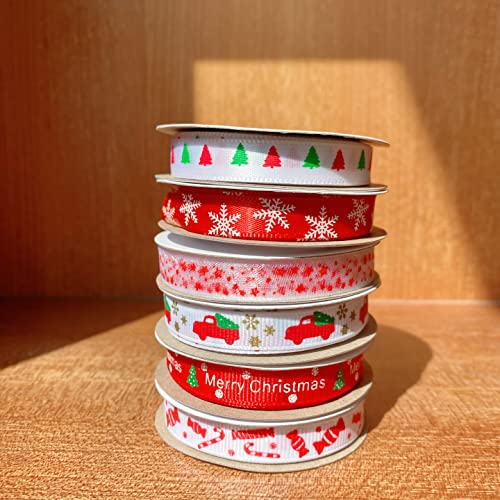 Weihnachtsband, 6 Rollen 60 Meters 10mm Weihnachten Geschenkband Weihnachten Schmal Weihnachtsbänder Rot Schleifenband Satinband Dekoband Ripsband Weihnachtsbänder Basteln Geschenkbänder weihnachten