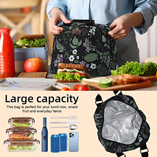 Pbro Insulated Lunch Bag For Women,Large Wide-Open Reusable Lunch Tote Bag With Adjustable Shoulder Belt,Cute Floral Leaves Portable Lunch Box Cooler Bag For Travel Picnic,Office,Working -Dark Green #TOP5