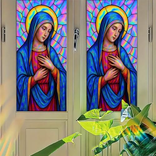 Starlit Patio Virgin Mary Privacy Film Religious Stained Glass Style Static Cling No Glue Decorative Panel Light Filtering for Church Door Prayer Room Window 17.7x39.3 inch