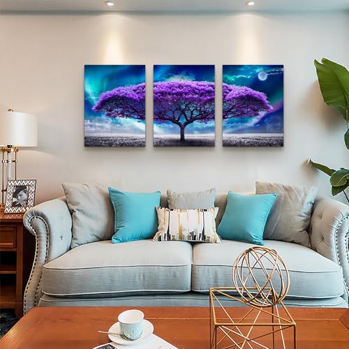 DZRWUBHS Canvas Wall Decor For Living Room Frame Wall Art For Bedroom Purple Tree Wall Painting Artworks Inspiration Wall Pictures For Office Modern Aurora Prints Dining Room Decorations 3 Pieces