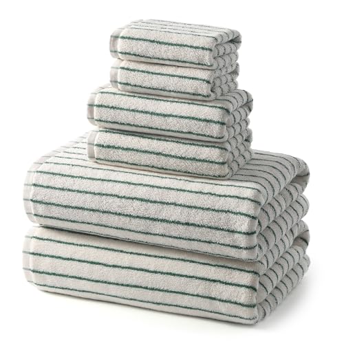 ecolook Premium Towel Set of 6 Pieces – 100% Cotton, Super Absorbent & Quick Dry, White and Green Towels for Bathroom, Spa & Swim – 2 Bath, 2 Hand, 2 Washcloths