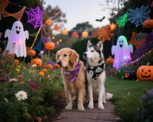 Halloween Dog Bandanas,Pumpkin and Cute Ghost Pet Scarf,Seasonal Outfit for Boy and Girl Dogs,Reversible Holiday Dog Costume for Medium to Large Dogs(2PCS,Purple,Black&White) - Image 7