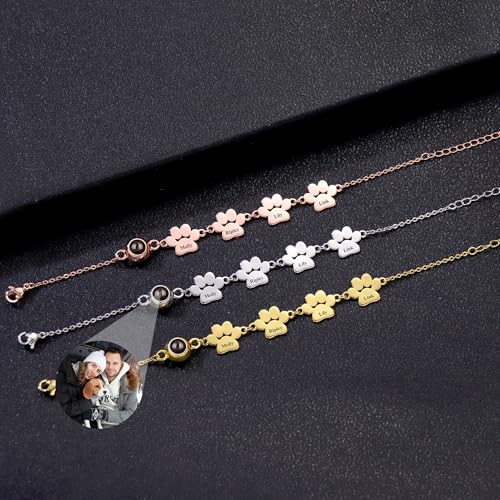 Pekdi Personalisiertes Armband mit Pfotenabdruck, Armband mit Bild Hund Katzen Pfoten Fotoanhänger gravierter Name 925er Sterlingsilber Schmuck zum Gedenken an Haustiere Geschenk zum Muttertag