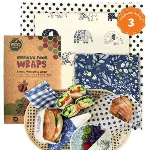 Eco Meeko Sustainable Beeswax Wraps For Food | Assorted Set of 3 | 3 Sizes 1L,1M,1S | Eco Friendly & Reusable Food Wraps | Zero Waste Bees Wrap Reusable Food Wrap | Cling Wrap Alternative