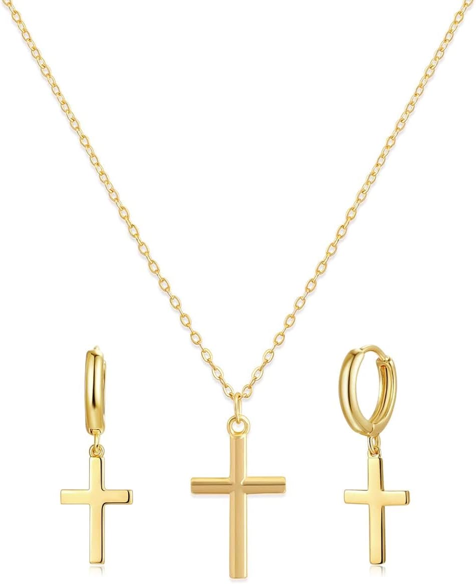 Valloey Rover Gold Cross Jewelry Gold Cross Necklace and Dangle Earrings for Women