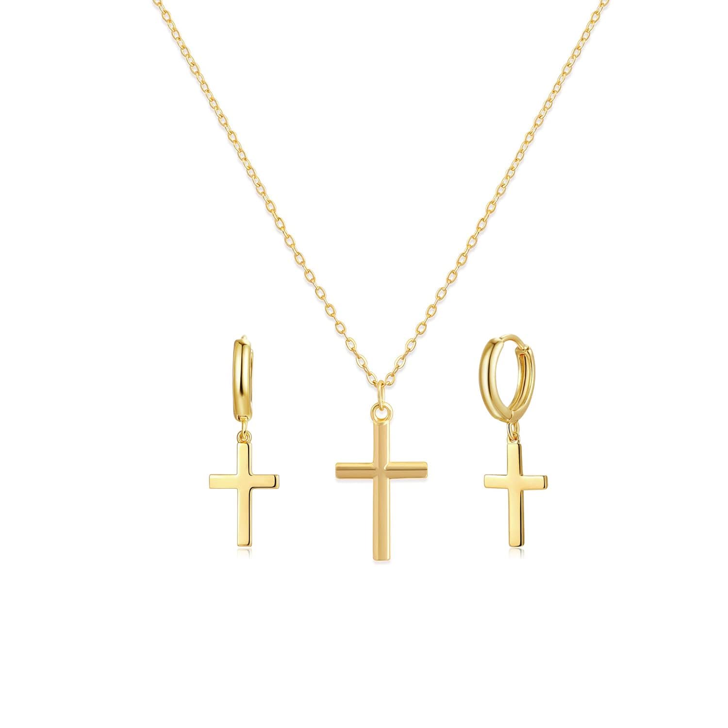 Valloey Rover Gold Cross Jewelry Gold Cross Necklace and Dangle Earrings for Women