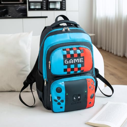JIANYA Kids Backpack for School, Boys Gamer School Bag Travel Backpack for Elementary Kids Children, Red&Blue4
