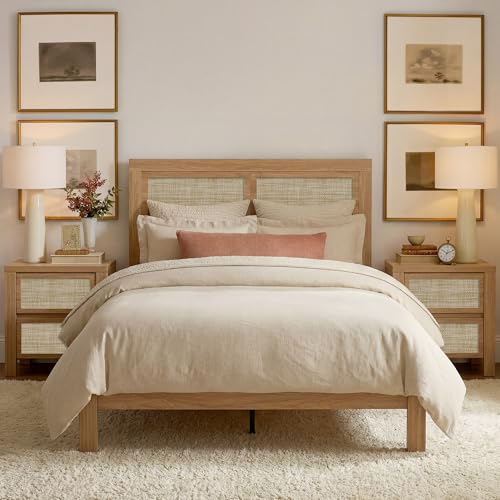 Image of Yechen Rattan Night Stand, Nightstand with Type-C Charging Station, Boho End Tables, Bed Side Tables, 23.6 inch D x 15.8 inch W x 23.6 inch H, 2 Drawers Nightstands for Small Space, Natural Walnut