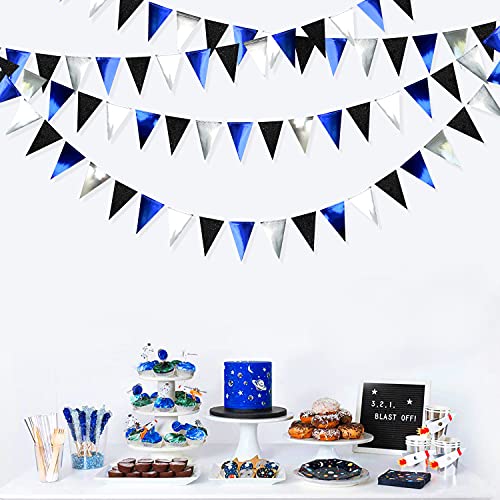 Image of 30Ft Navy Blue Black and Silver Party Decorations Royal Blue Triangle Flag Pennant Banner Bunting for Graduation Birthday Wedding Bridal Shower Nautical Ahoy Achor Themed Party Decorations Supplies