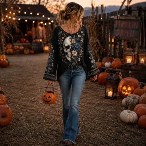 Halloween Tops for Women Cotton Skull Graphic Bell Sleeve Trendy Pullover - image 4