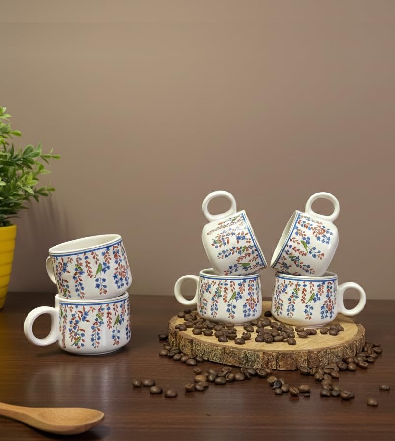 IZZYLYF 'Artisan Leaf' Ceramic Tea Cups Set of 6 (150 ml Each) | Microwave & Dishwasher Safe Tea Cups with Handle for Tea, Coffee & Chai | Tea Cups for Gifting, Home, Cafe & Office Use 3