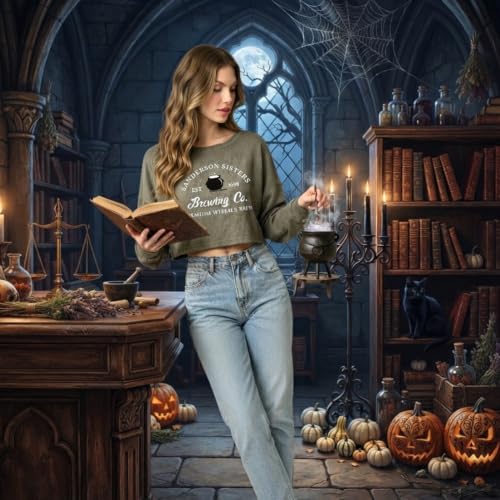 Womens Halloween Crop Long Sleeve Tshirt Fall Vintage Graphic Tee Loose Top - image 3