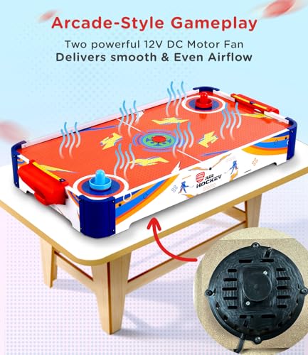 Image of Play Nation Premium Rechargeable Air Hockey for Kids Big Size,With Real Air Flow,2 Pushers Strikers&2 Pucks,Indoor&Outdoor Game for 6+ Years,Board Games for Boy&Girl,Birthday Gift,Orange(84.5x42x11cm)