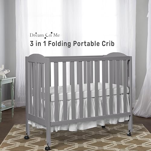 Dream-On-Me-3-in-1-Portable-Folding-Stationary-Side-Crib-in-Steel-Grey-Greenguard-Gold-Certified-Safety-Wheels-with-Locking-Casters-Convertible-3-Mattress-Heights