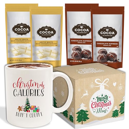Sarah's Candy Factory '11 Oz Christmas Gifts Coffee Mug '' Christmas Calories Don’t Count'' Funny Coffee 4 Mug (2 Chocolate Supreme & 2 Cocoa Classics Arctic White Cocoa Mix)