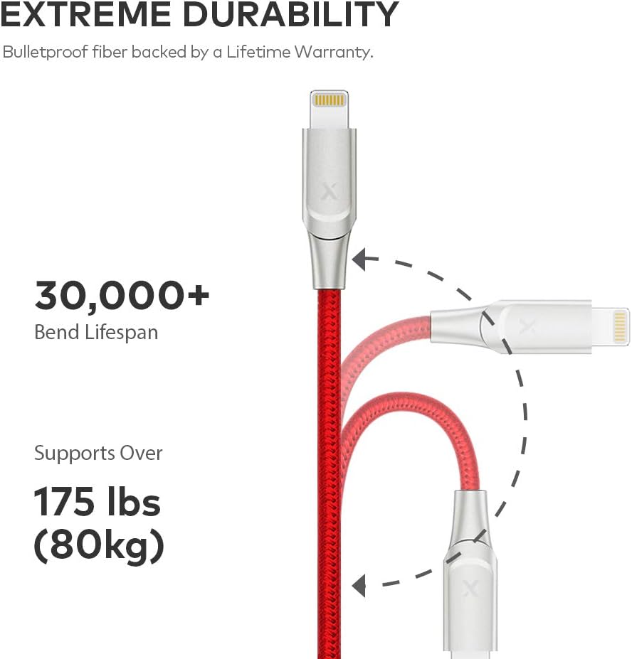 XCENTZ Lightning Cable MFi Certified iPhone Cable Premium Double Nylon Braided Fast Charging Cable for iPhone X/XS/XS Max/XR / 8 Plus / 7/7 Plus / 6s / 6s Plus/iPad/iPod, Red, 6'