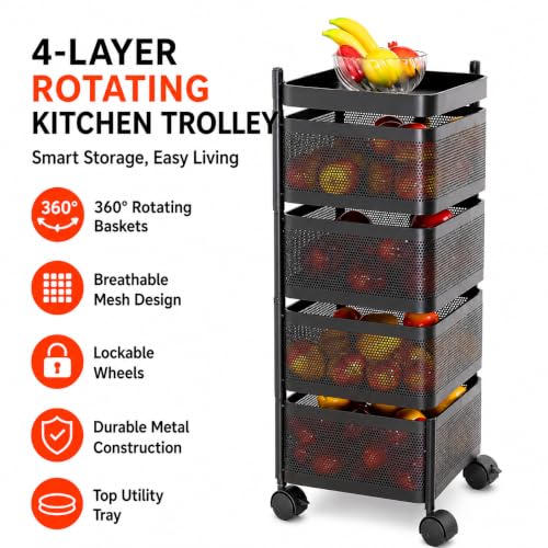 Image of Homeor 4 Layer Kitchen Trolley with Wheels | 360 Rotating Metal Storage Rack for Vegetables, Fruits, Onion & Spices | Square Multipurpose Kitchen Organizer Stand | Metal Kitchen Trolley, Matte Black