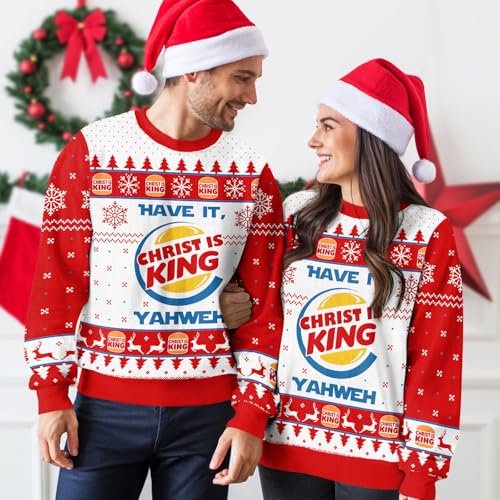 Image of 99TIMORO Burger Christ Ugly Christmas Sweater for Men and Women, Holiday Pullover Novelty Crewneck Sweatshirt, Festive Outfit Gift