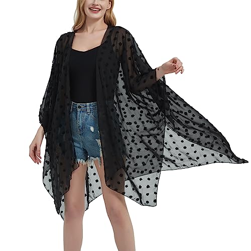 CuteSwan Women's Beach Long Swimwear Cover Up Swiss Dot Chiffon Kimono Cardigan Swimsuit