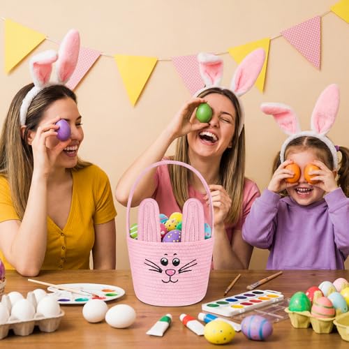 Image of Teenyyou Woven Easter Baskets Woven Bunny Baskets with Handles Eggs Hunt Bucket Rabbit Cotton Rope Basket Baby's First Easter Basket Gift for Toddler Boys Girls(Macaron Pink)
