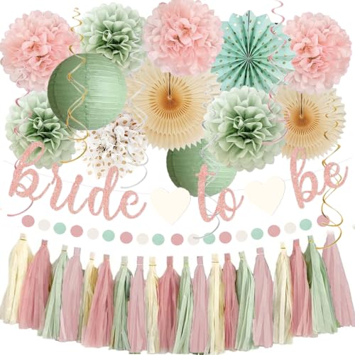 Sage Green and Blush Pink Bachelorette Party Decorations - Bride To Be Banner, Sage Green Paper Lanterns, Streamers, Tissue Pom Poms, Blush Pink Beige Boho Paper Tassel, Rustic Backdrop Decor